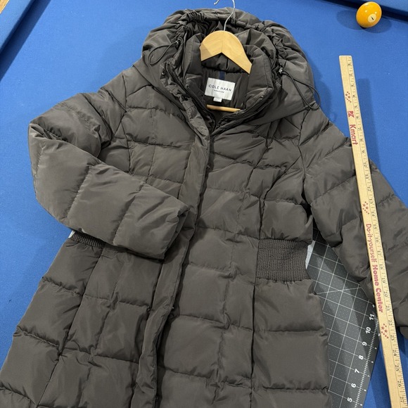 Cole Haan Down Puffer Jacket Women's L Slate Gray Mid-Length Hooded Winter Coat